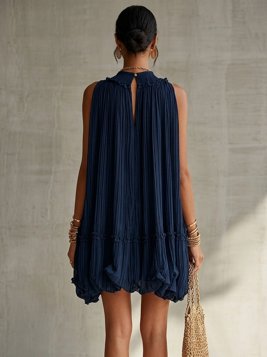Navy Blue Chiffon Ruffled Mini Dress with Halter Neck