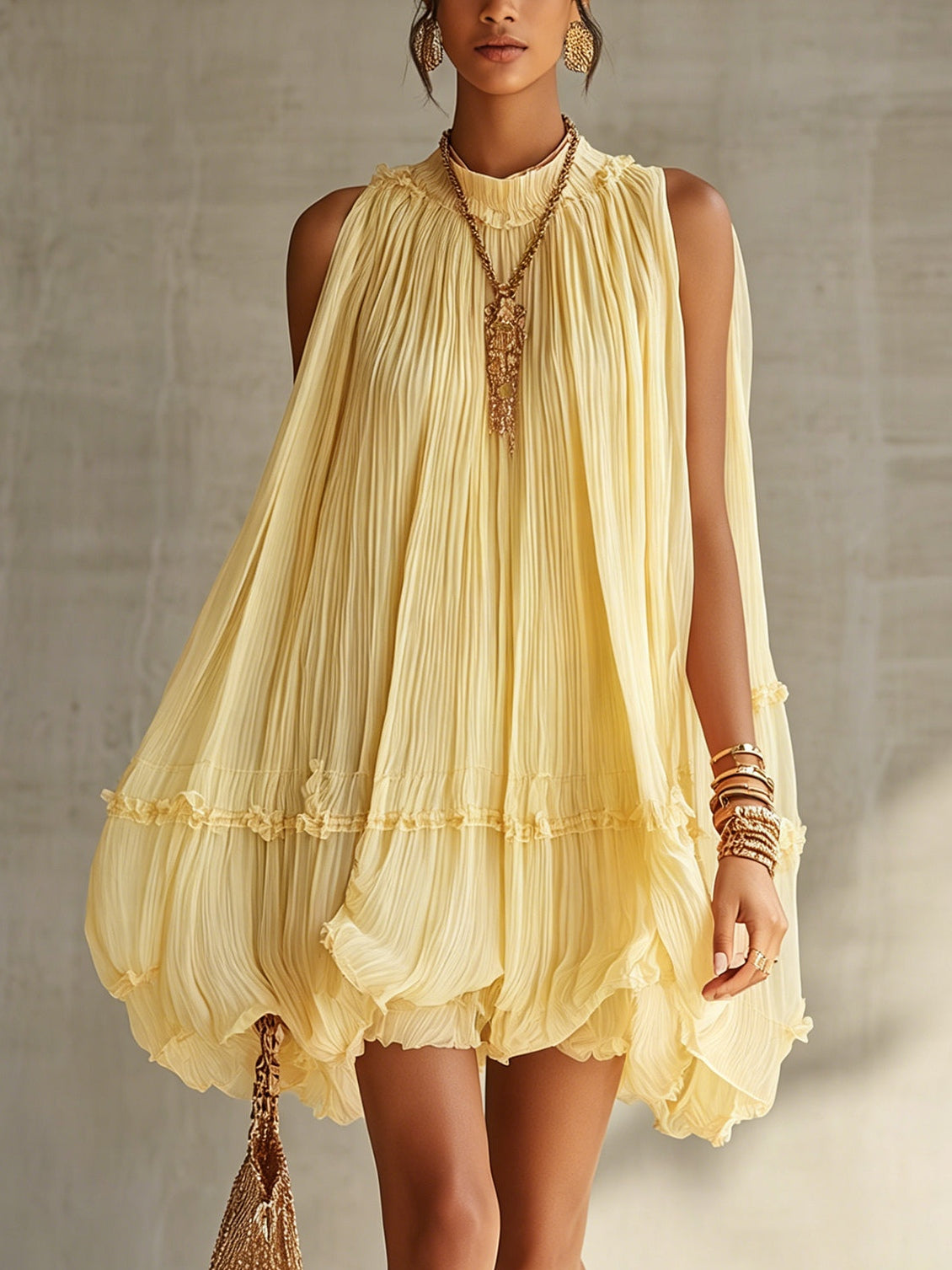 Yellow Chiffon Ruffled Mini Dress with Halter Neck