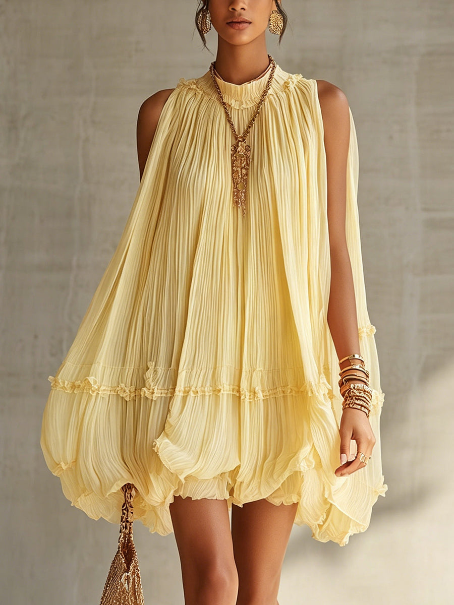 Yellow Chiffon Ruffled Mini Dress with Halter Neck