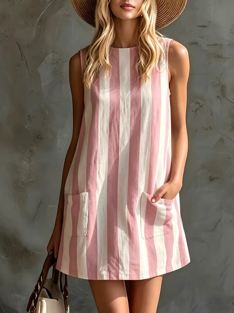Sleeveless Striped Mini Dress with Round Neck