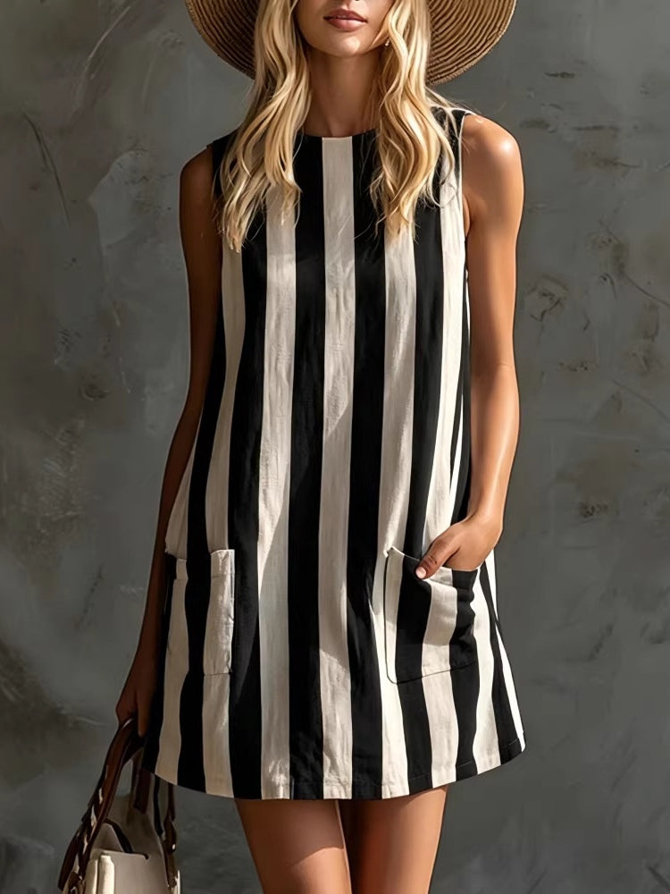 Sleeveless Striped Mini Dress with Round Neck