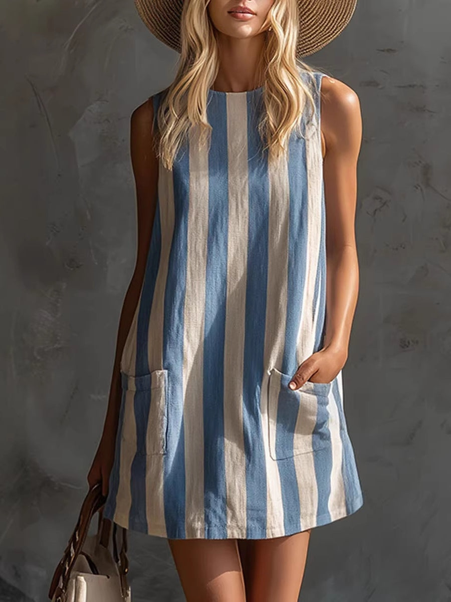 Sleeveless Striped Mini Dress with Round Neck