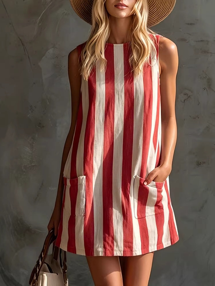 Sleeveless Striped Mini Dress with Round Neck