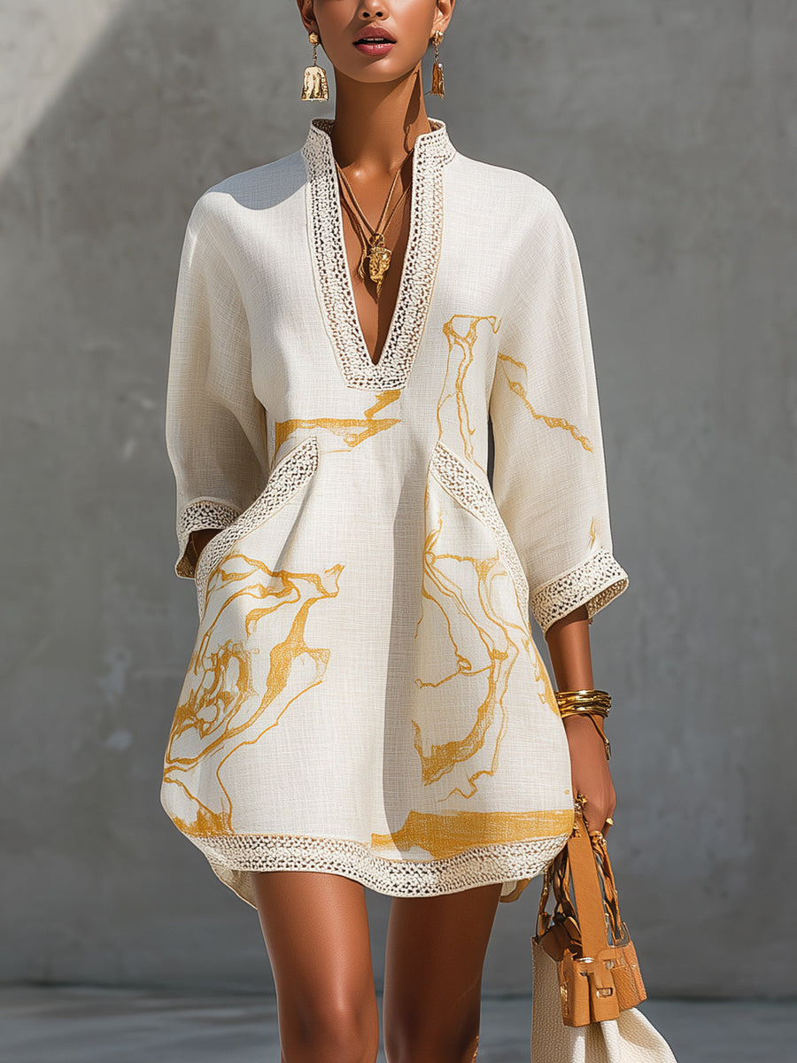 Ivory Gold Printed Mini Dress