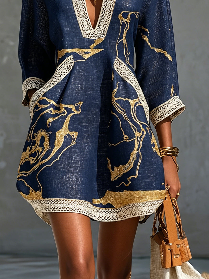 Mini V-neck Printed Dress Gold Marina
