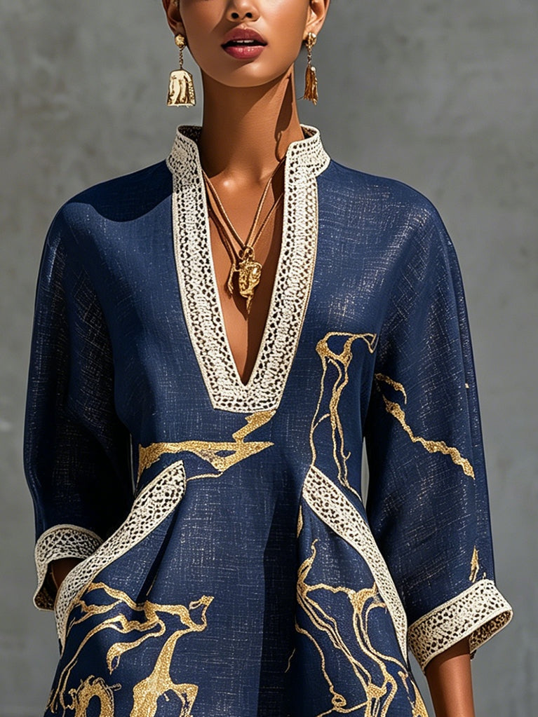 Mini V-neck Printed Dress Gold Marina