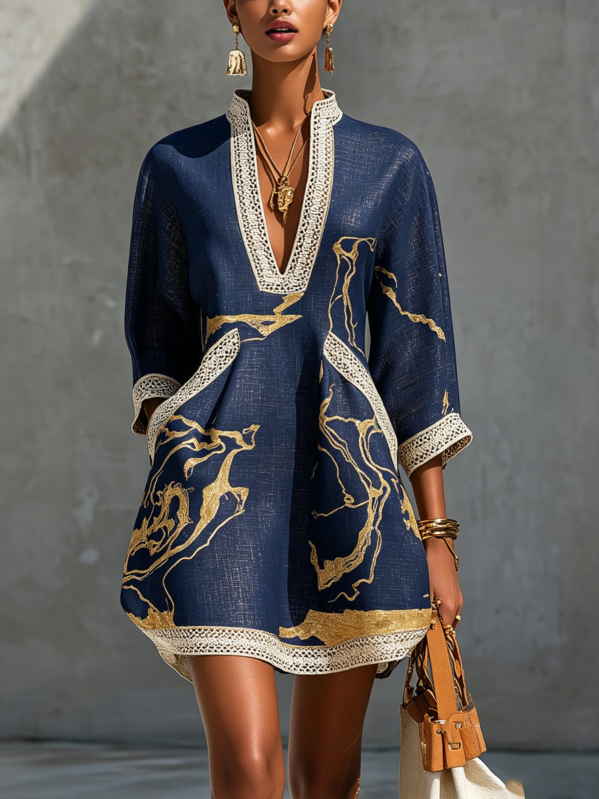 Mini V-neck Printed Dress Gold Marina
