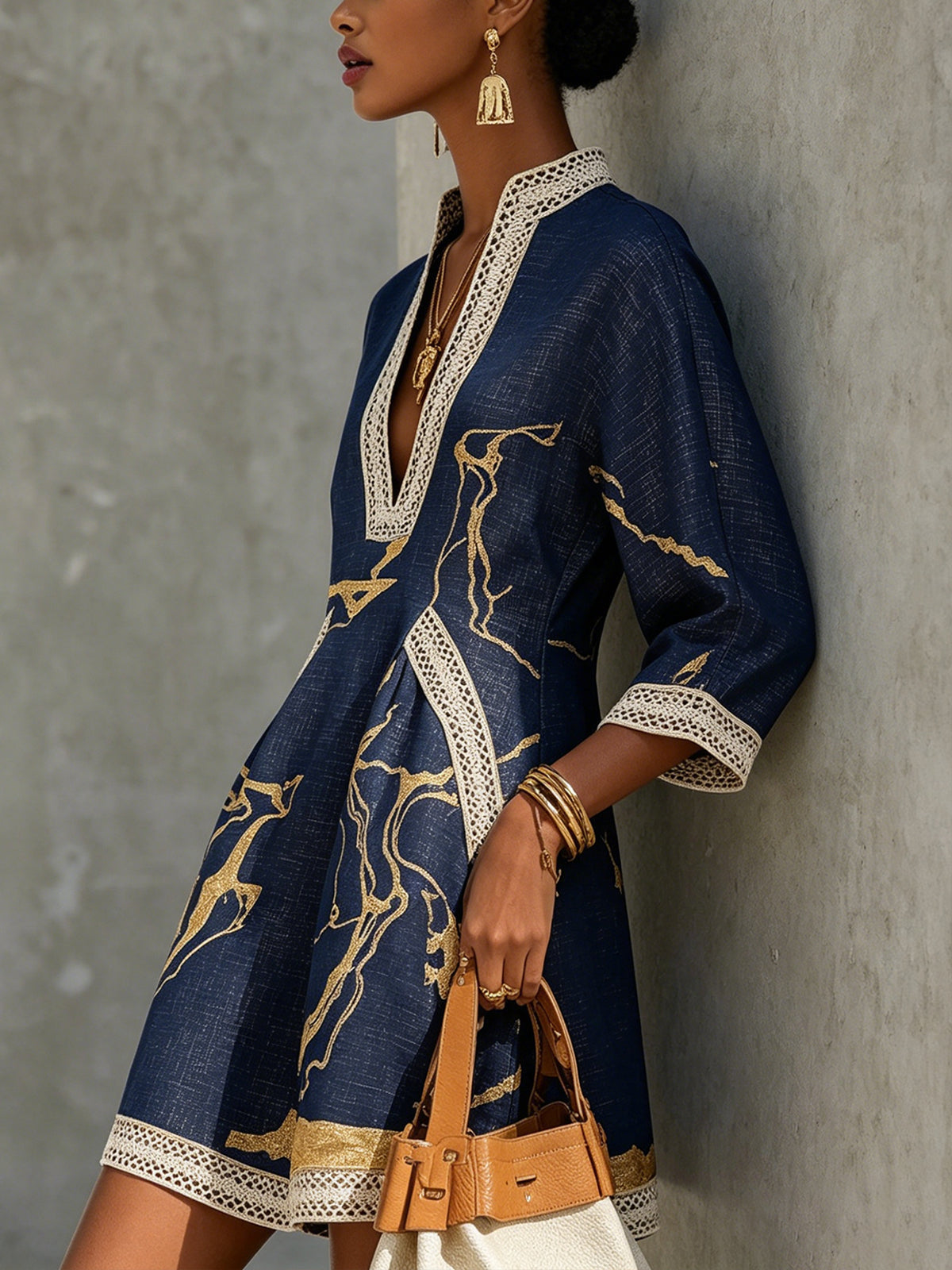 Mini V-neck Printed Dress Gold Marina