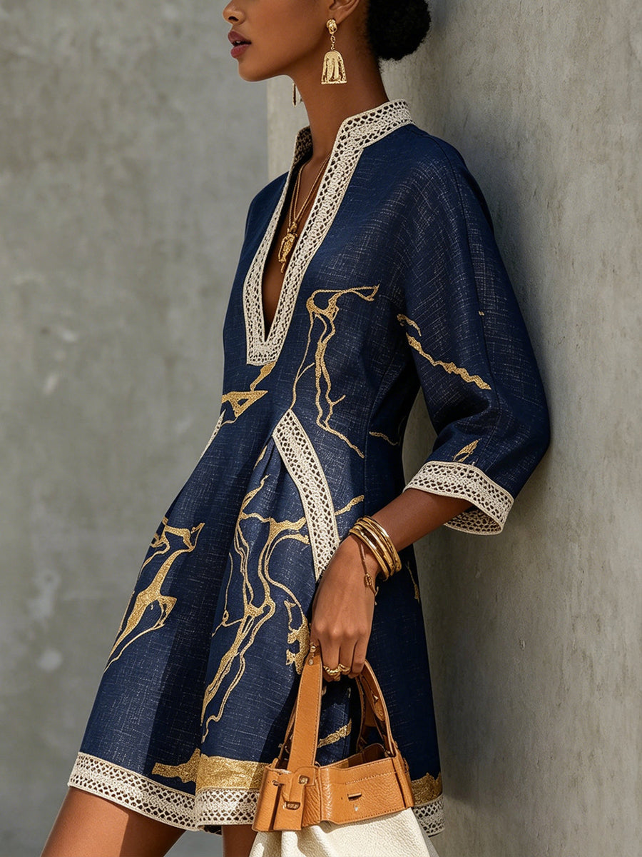 Mini V-neck Printed Dress Gold Marina