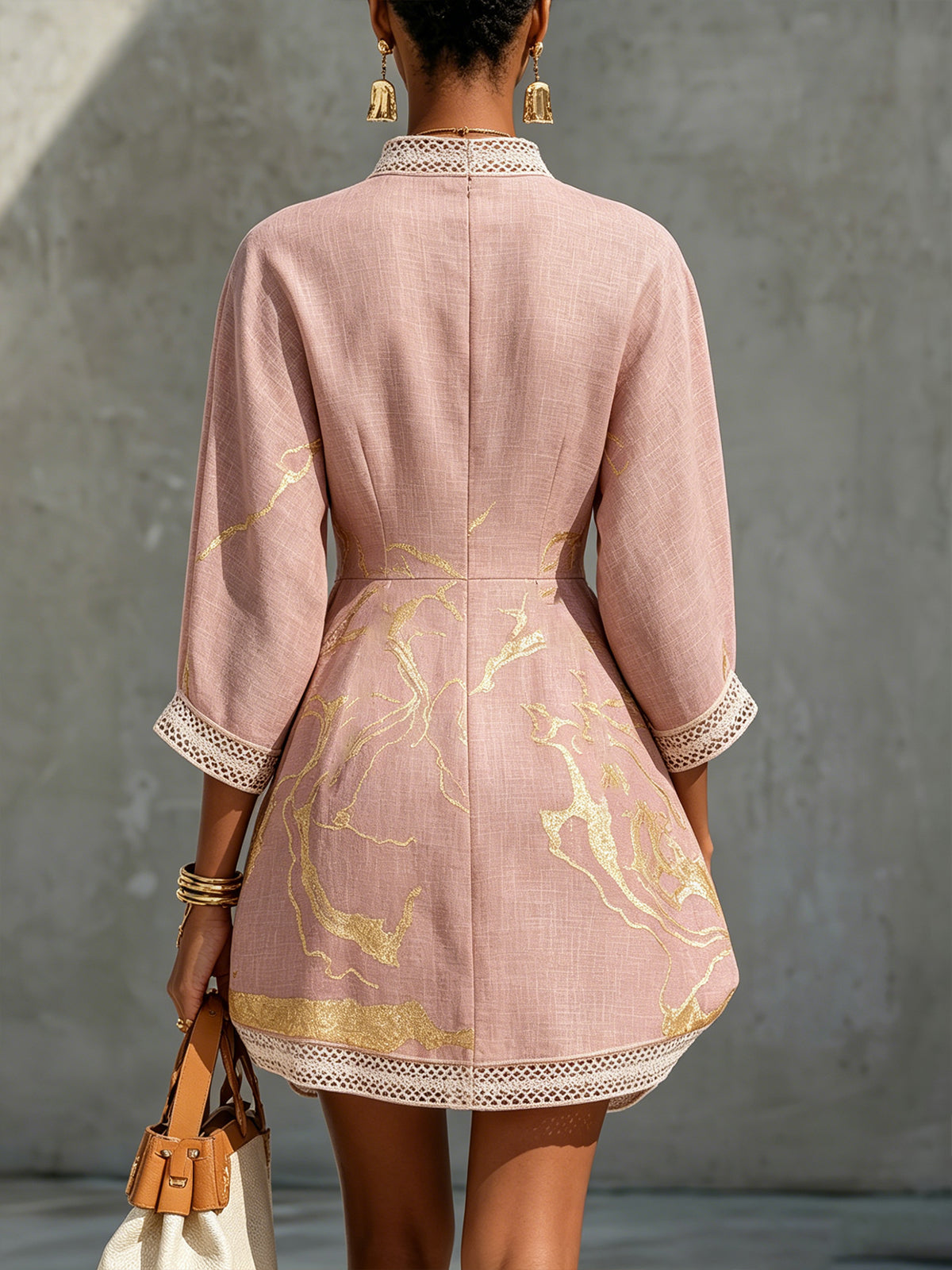 Mini V-neck Dress in Rose Gold Print