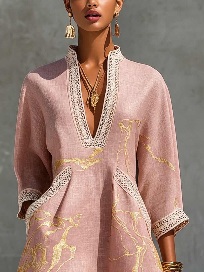 Mini V-neck Dress in Rose Gold Print
