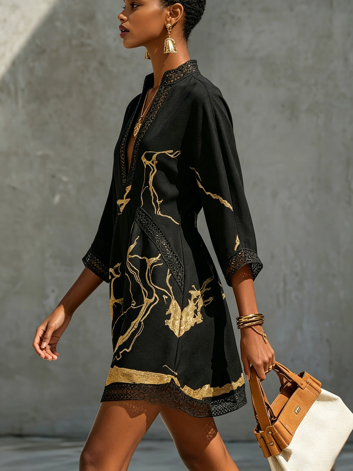 Mini V-neck Printed Dress Black Gold
