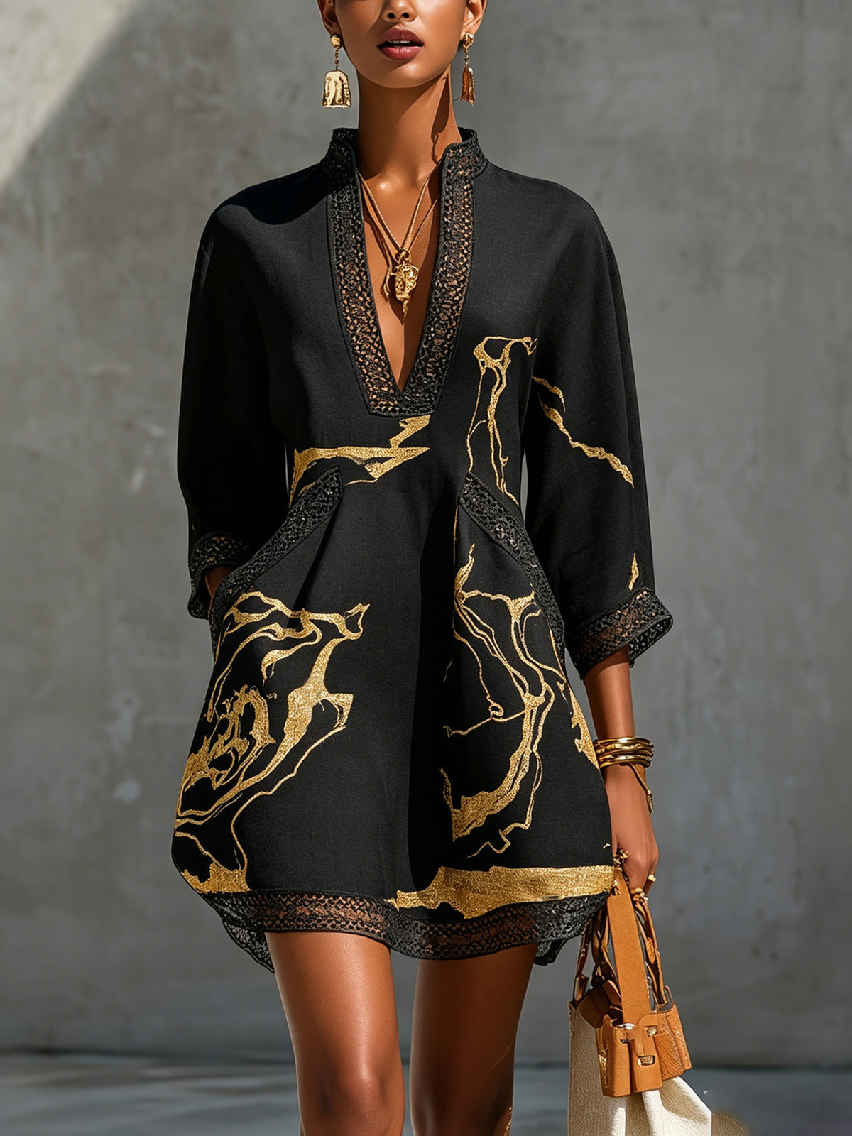 Mini V-neck Printed Dress Black Gold