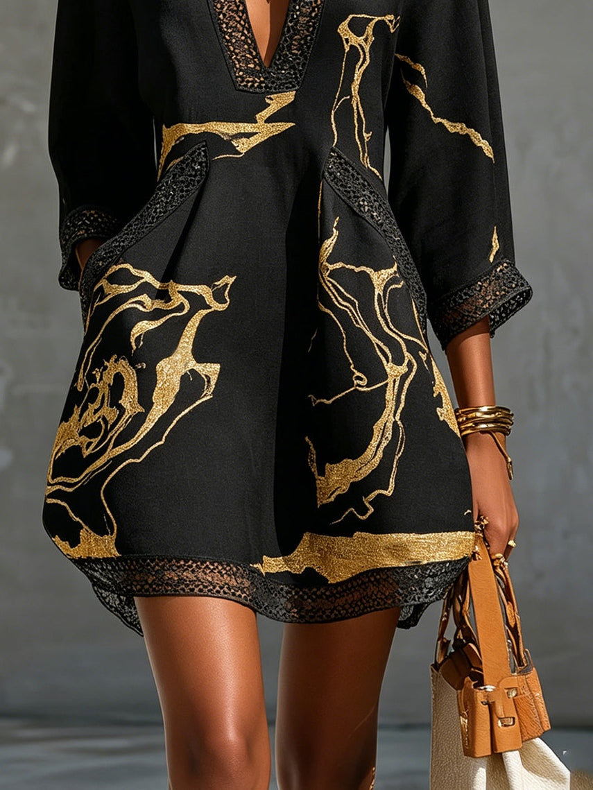 Mini V-neck Printed Dress Black Gold