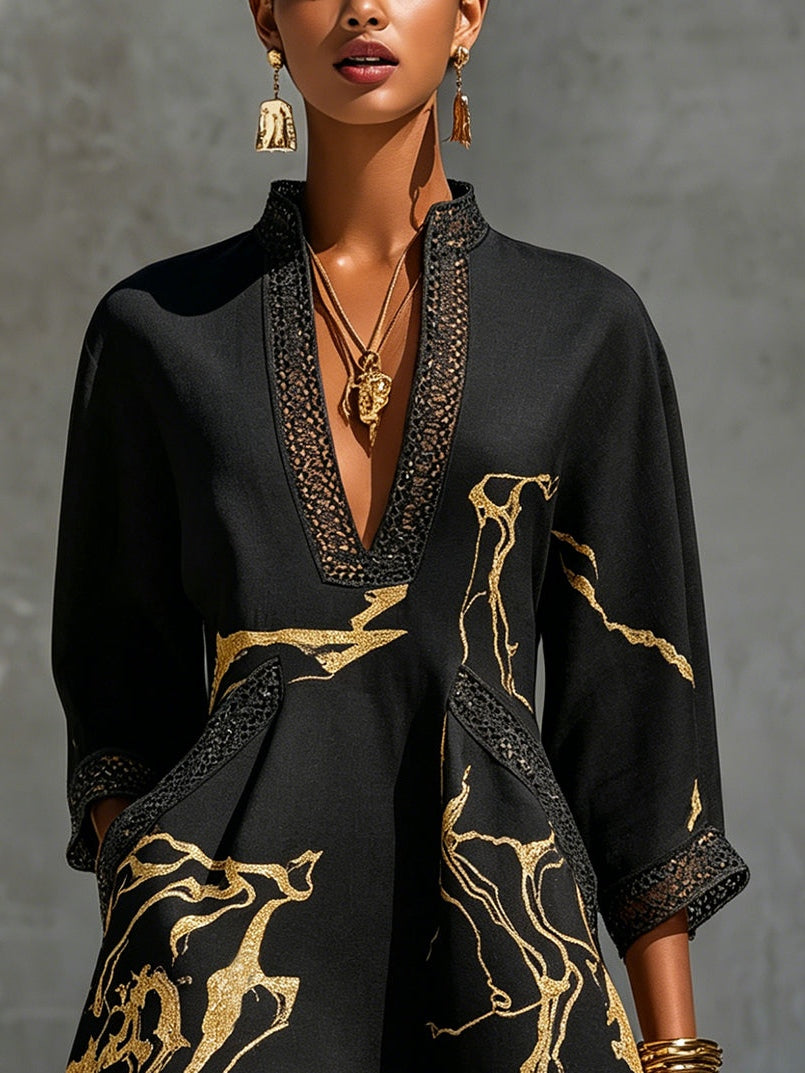Mini V-neck Printed Dress Black Gold