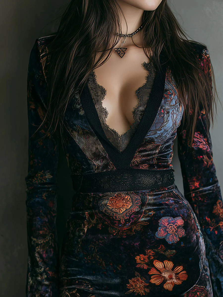 Mini Slim-fit Velvet Dress with Lace and Floral Print
