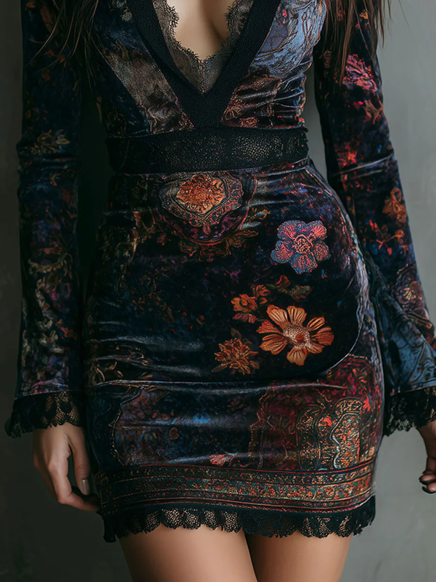Mini Slim-fit Velvet Dress with Lace and Floral Print