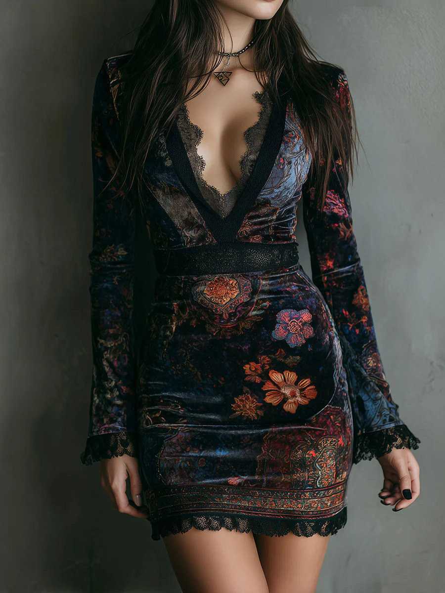Mini Slim-fit Velvet Dress with Lace and Floral Print