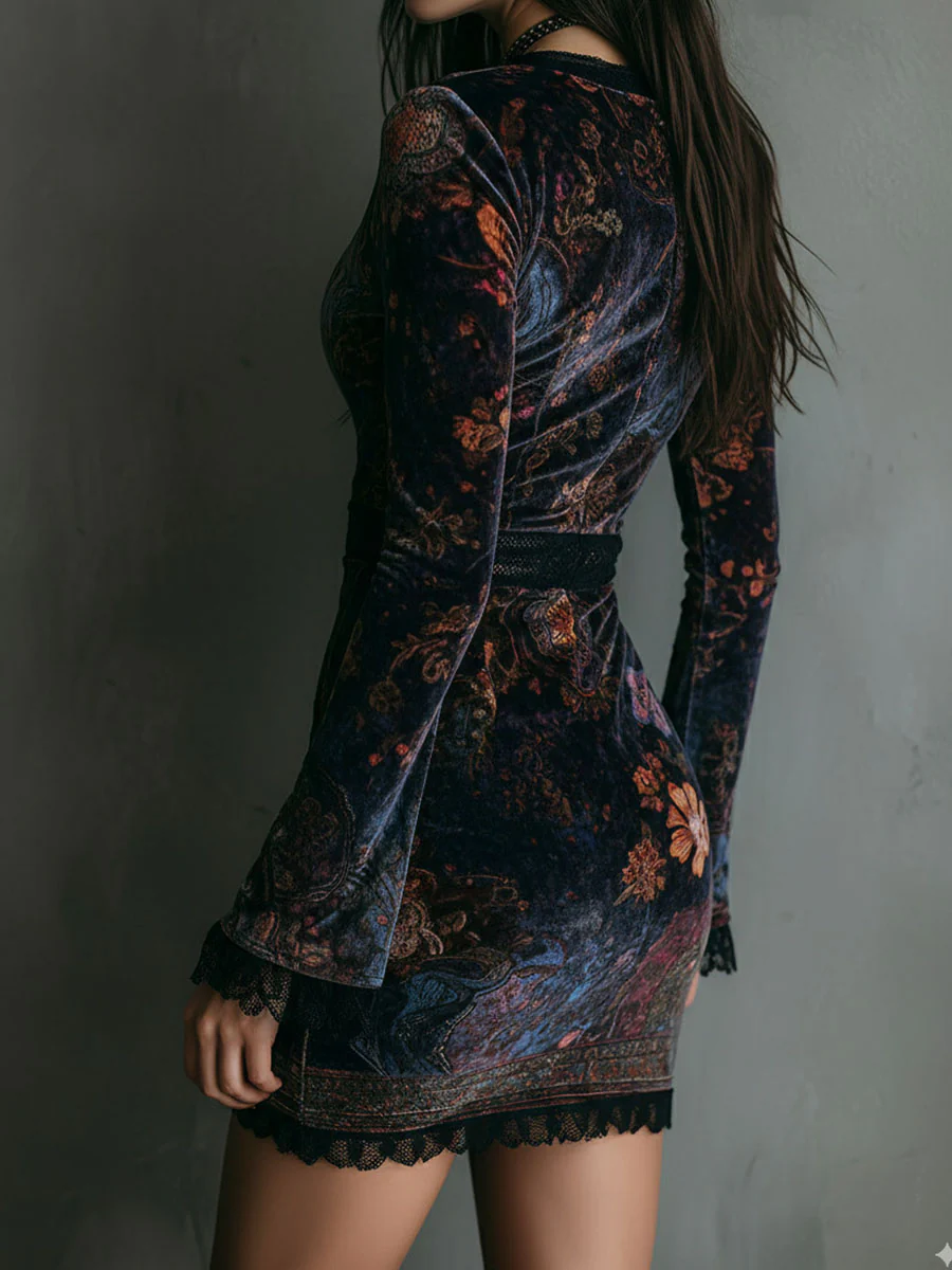 Mini Slim-fit Velvet Dress with Lace and Floral Print