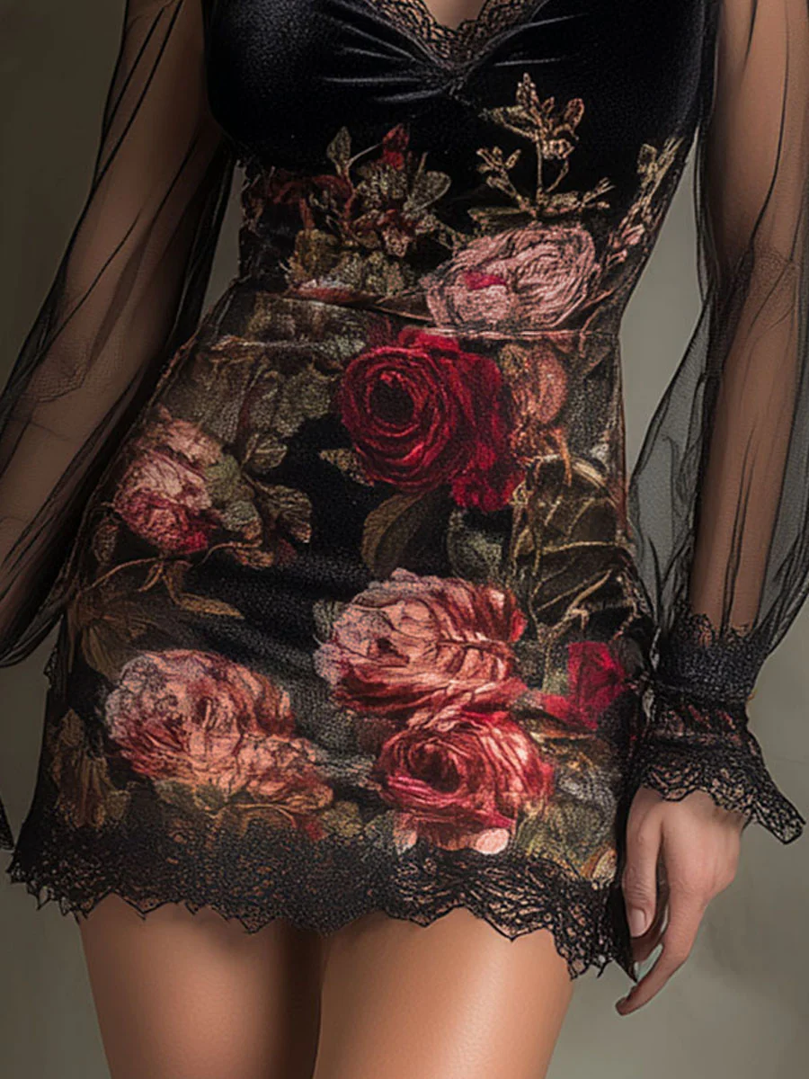Mini Dress in Tulle with Rose Print and Lace