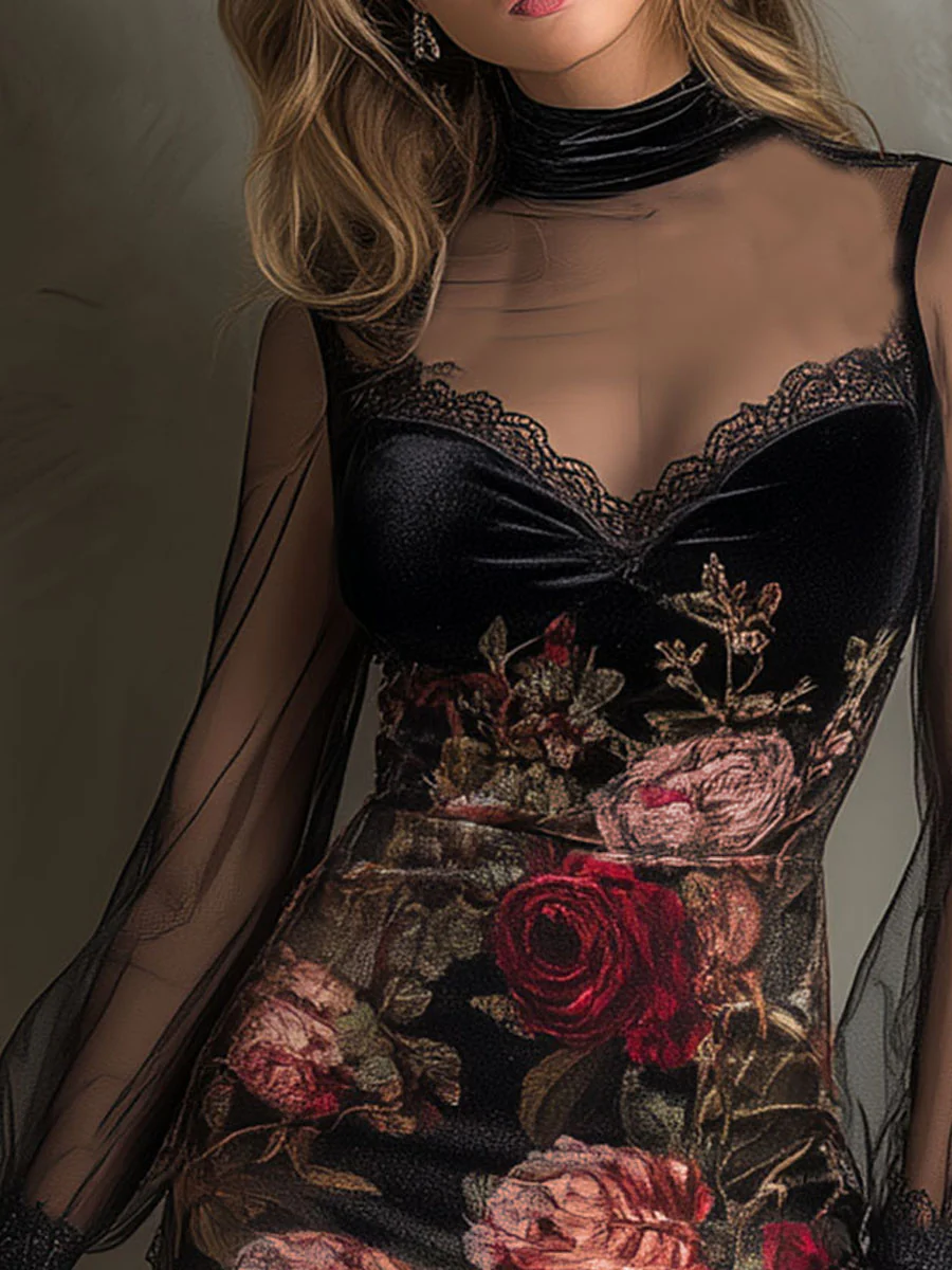 Mini Dress in Tulle with Rose Print and Lace
