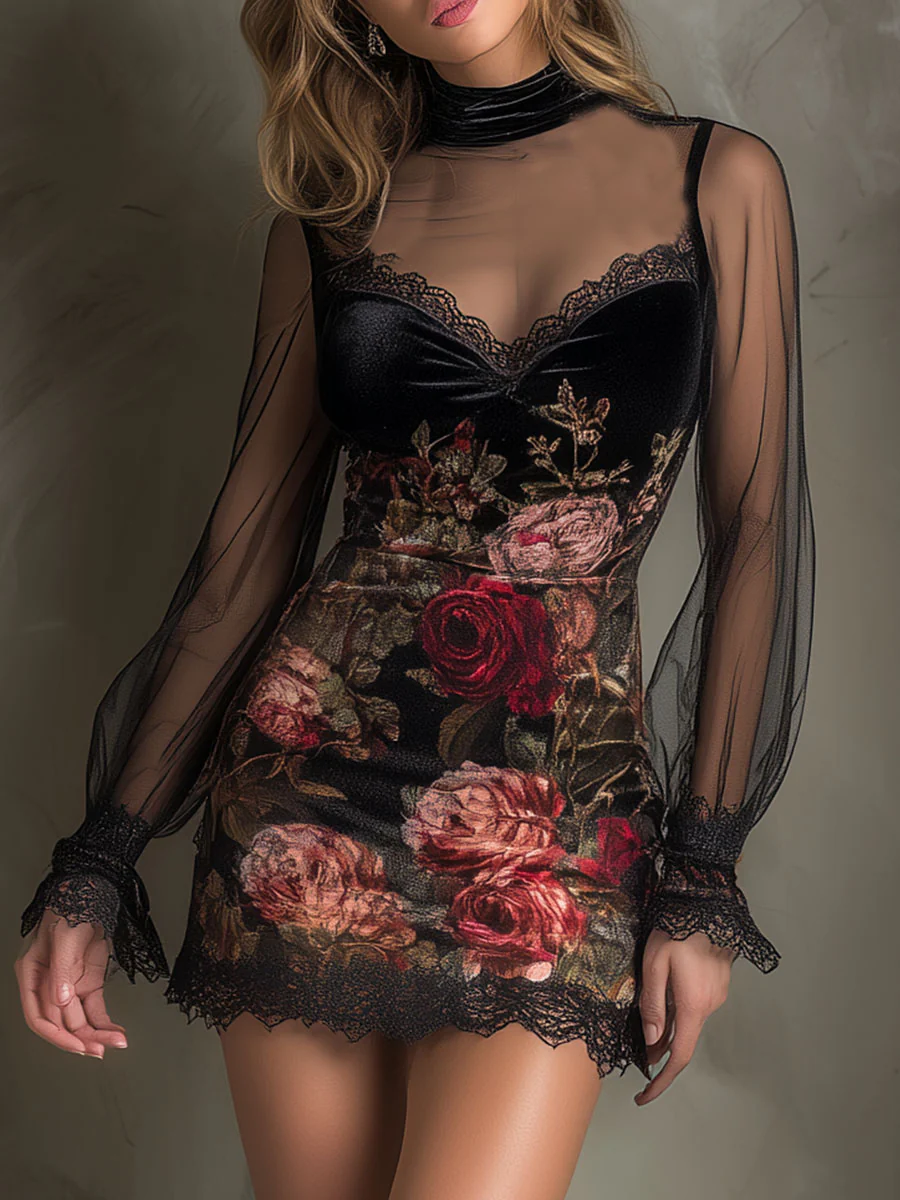 Mini Dress in Tulle with Rose Print and Lace