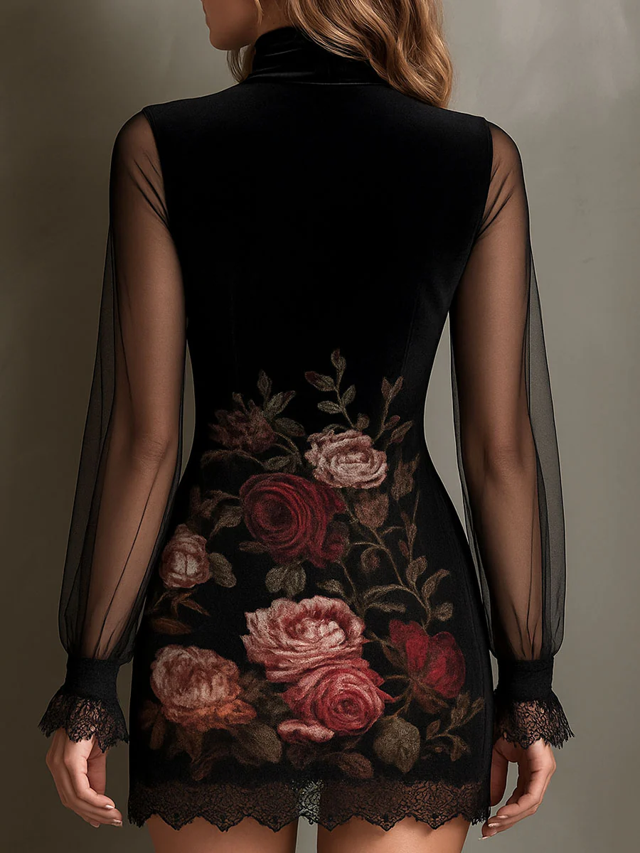 Mini Dress in Tulle with Rose Print and Lace