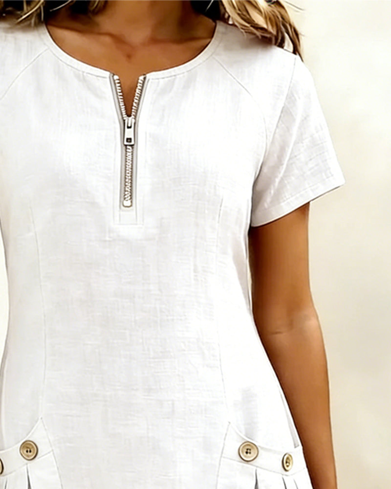 Pippa | Women's Linen Short Sleeve Zip Neck A-Line Mini Dress