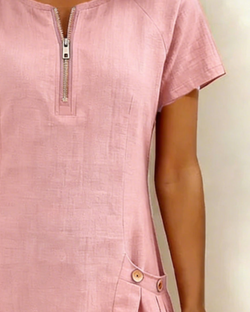 Pippa | Women's Linen Short Sleeve Zip Neck A-Line Mini Dress