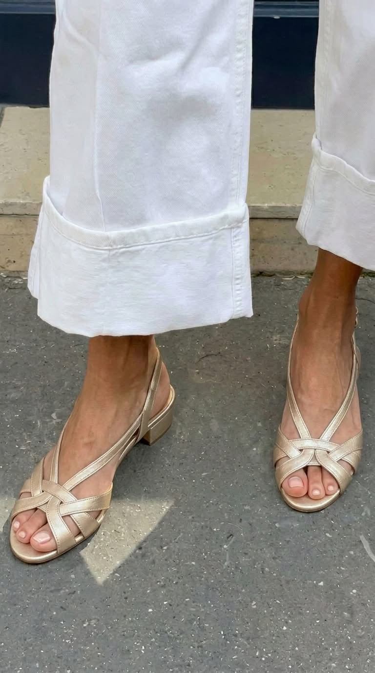 Nude Leather Cross Strap Slingback Low Heel Sandals