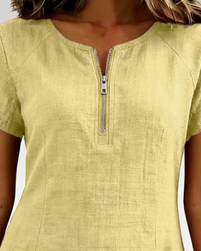 Pippa | Women's Linen Short Sleeve Zip Neck A-Line Mini Dress