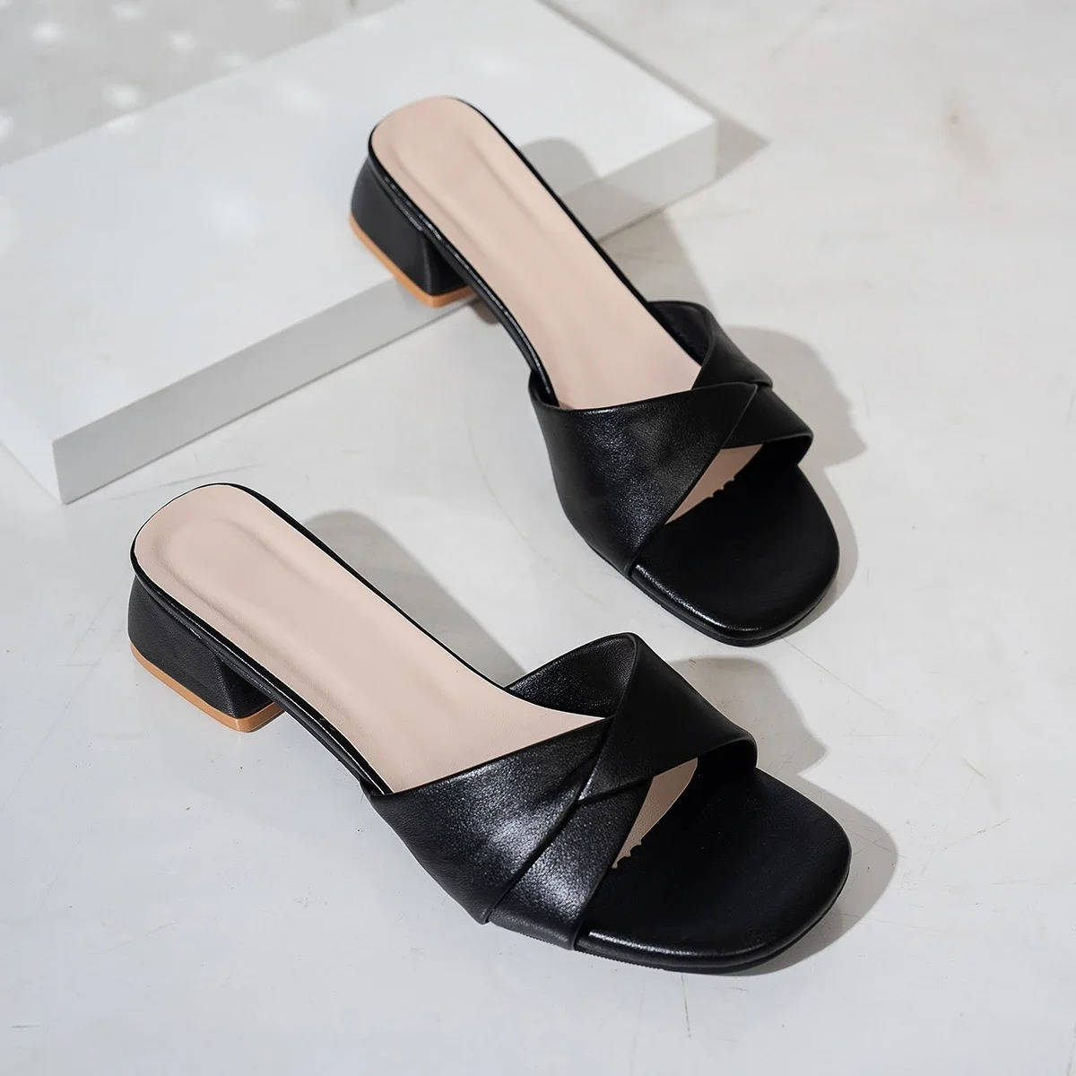 Ava | Women's Twisted Strap Low Block Heel Mule Sandals
