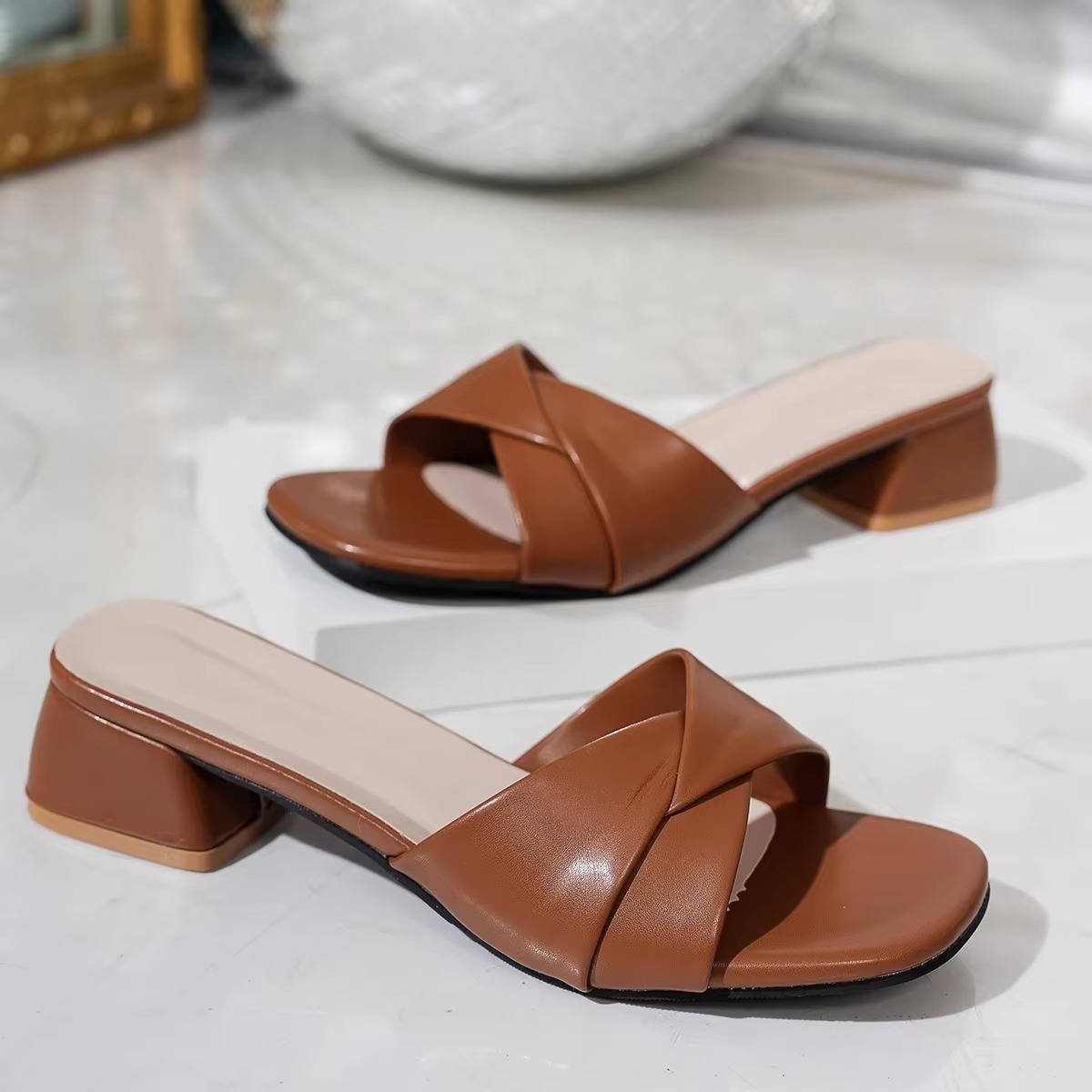 Ava | Women's Twisted Strap Low Block Heel Mule Sandals