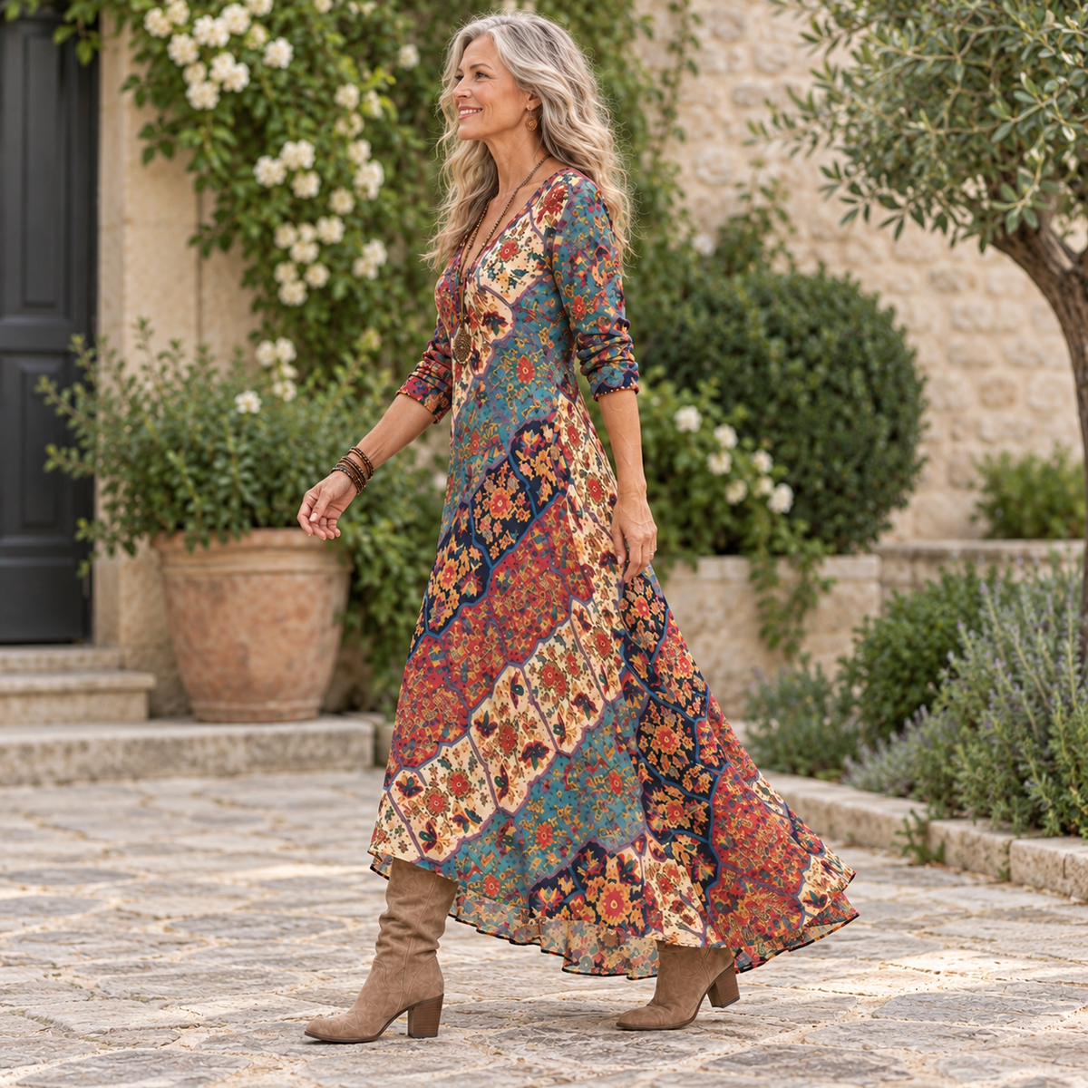 Lydia | Patchwork Print Long-Sleeve Maxi Dress