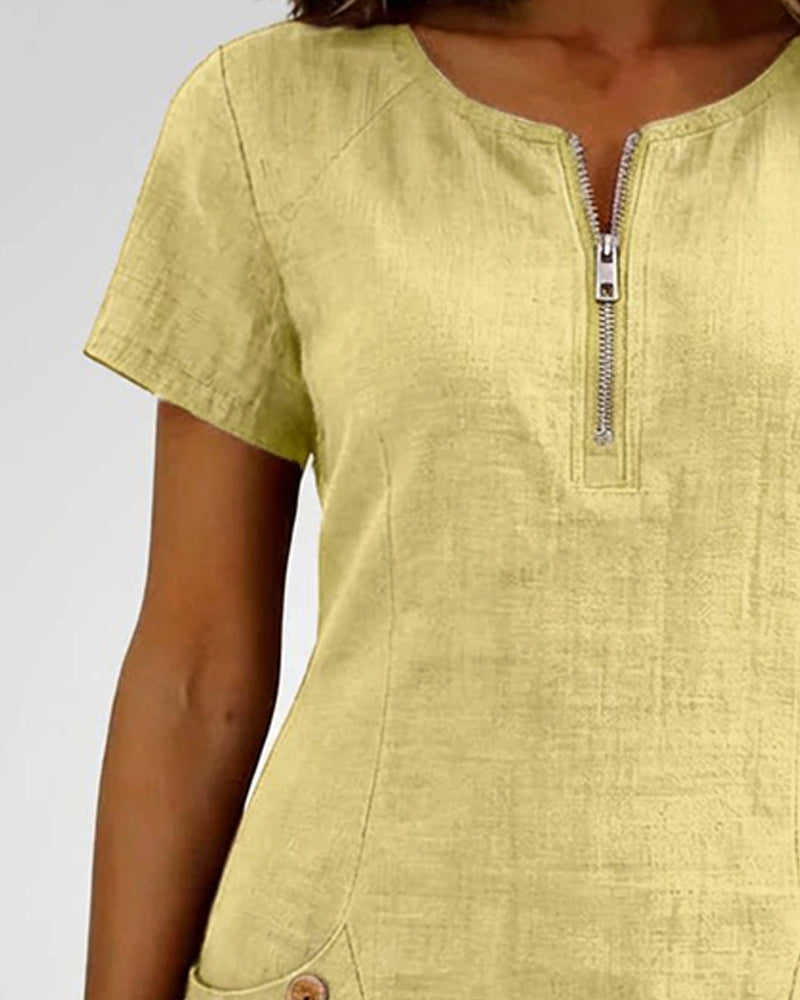 Pippa | Women's Linen Short Sleeve Zip Neck A-Line Mini Dress