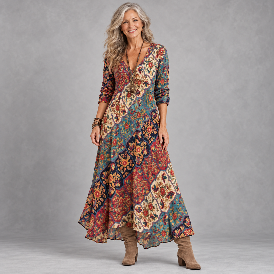 Lydia | Patchwork Print Long-Sleeve Maxi Dress