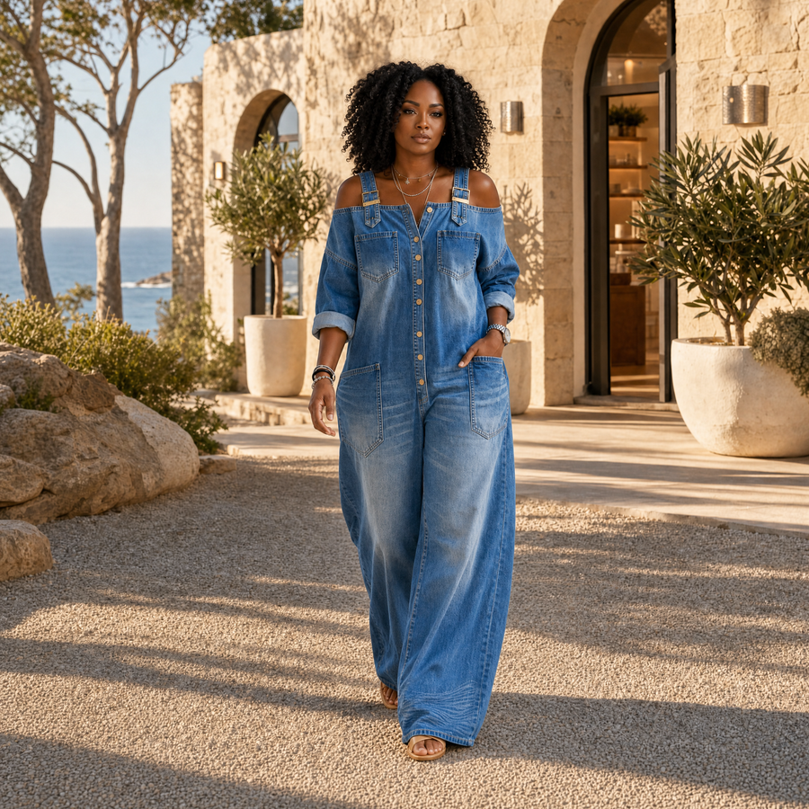 Stephanie | Off Shoulder Denim Shirt Jumpsuit