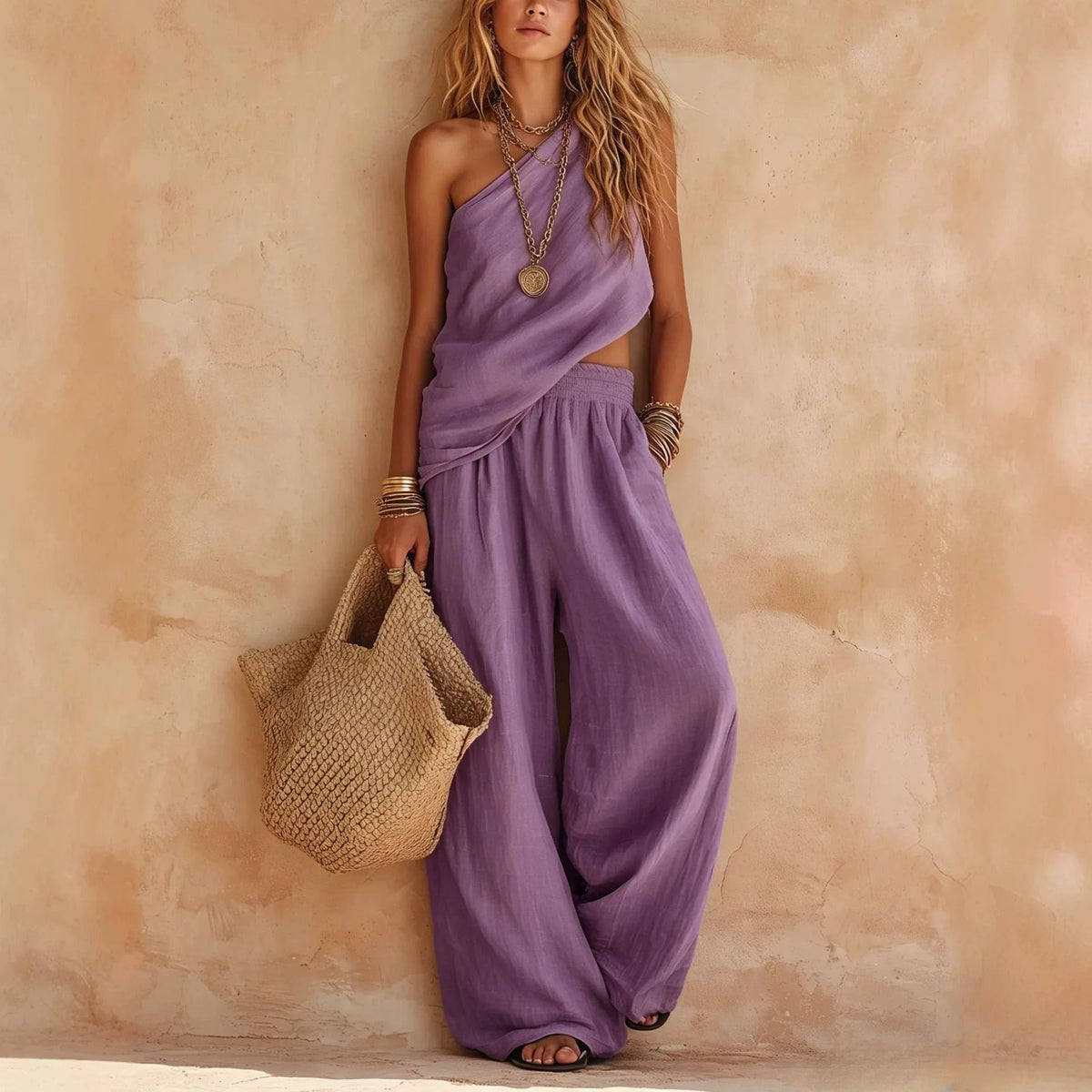 Carlota Two-Piece Linen Effect Set with Wide Pants